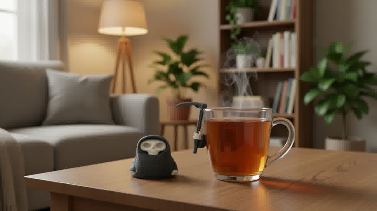 死神泡茶器放在客厅茶几的玻璃杯旁边，暖色台灯下的场景