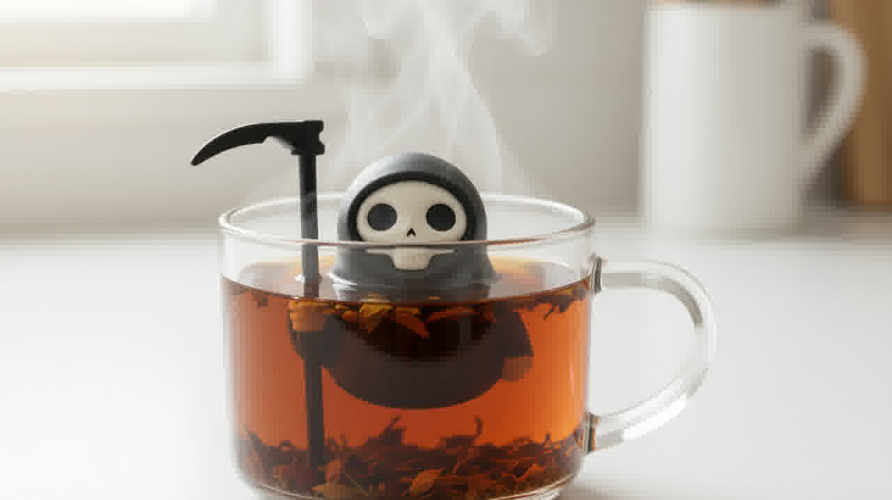 死神泡茶器特写，在玻璃杯的深琥珀色茶汤里冒着热气