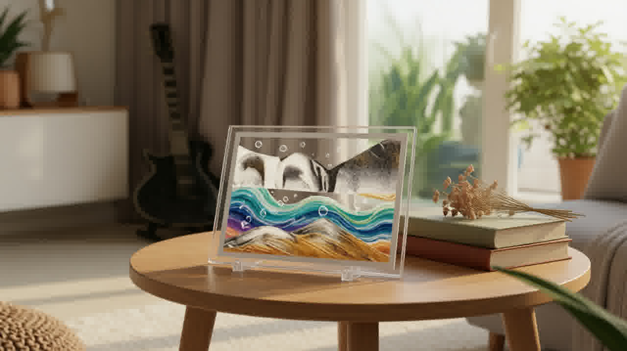 流沙画放在窗边木边桌上特写,沙子和气泡流动成海景,午后阳光,旁边有书和干花